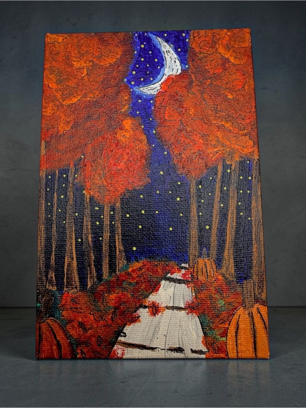 Original 4x6 Acrylic Painting Autumn Forest Moon Pumpkins Fall Mini Canvas Art